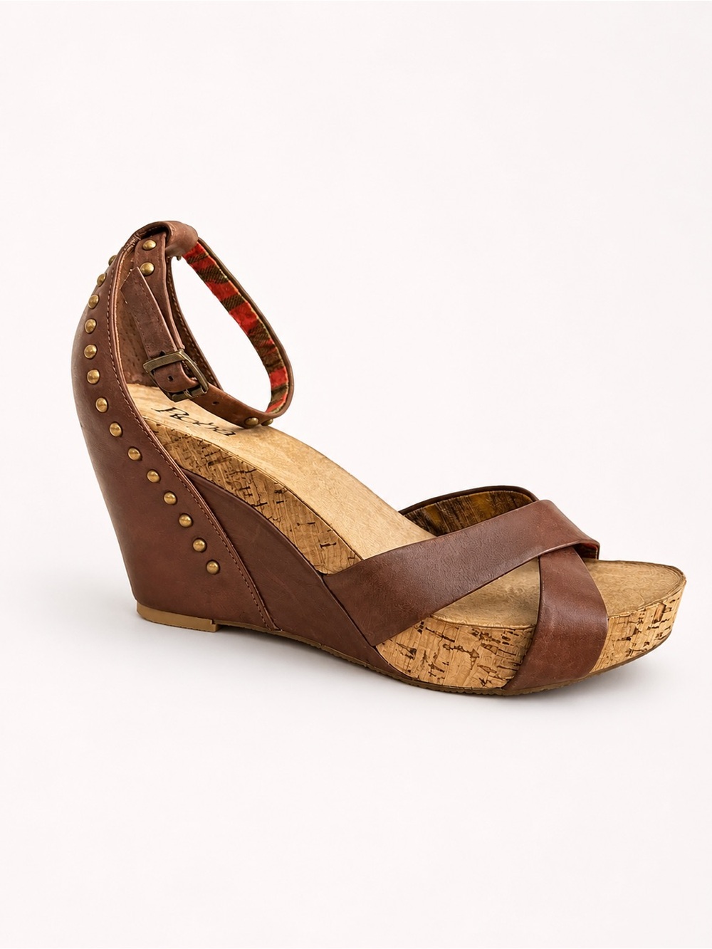 REBA Brown Leather Cork Wedge Platform Heels Studded Ankle Strap Sandals | 8.5